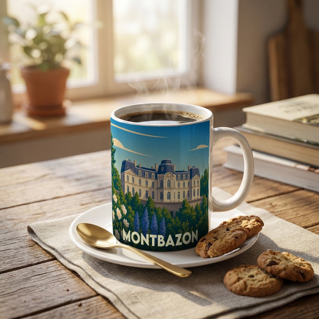 Mug souvenir de la ville de Montbazon avec une illustration stylisée d'un château entouré de jardins.