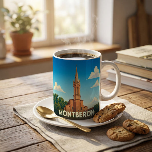 Mug souvenir de la ville de Montberon avec une illustration stylisée d'une église sur fond de ciel bleu.