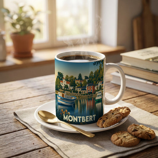 Mug souvenir de la ville de Montbert orné d'une illustration stylisée d'un bord de l'eau avec bateaux et maisons.