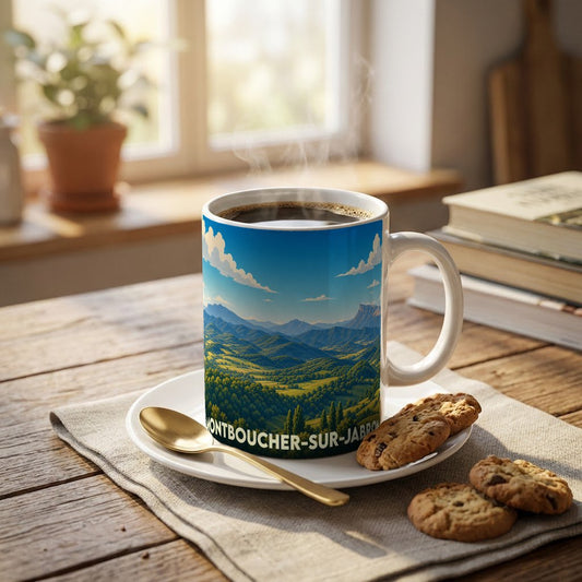 Mug souvenir de la ville de Montboucher-sur-Jabron illustré d'un paysage de montagnes verdoyantes.