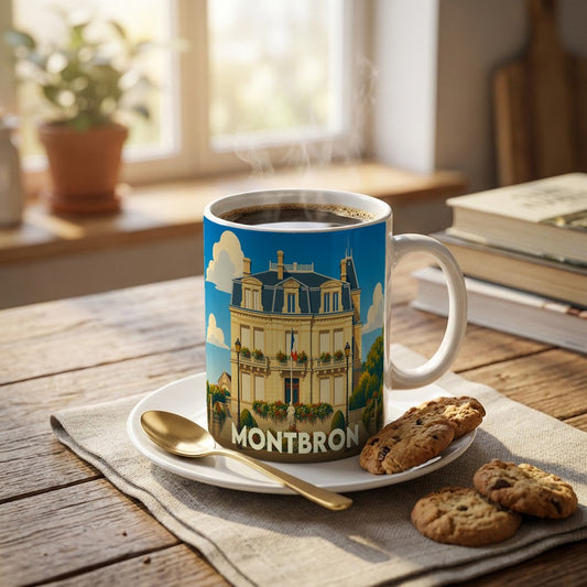 Mug souvenir de la ville de Montbron avec une illustration stylisée d'un bâtiment historique français.