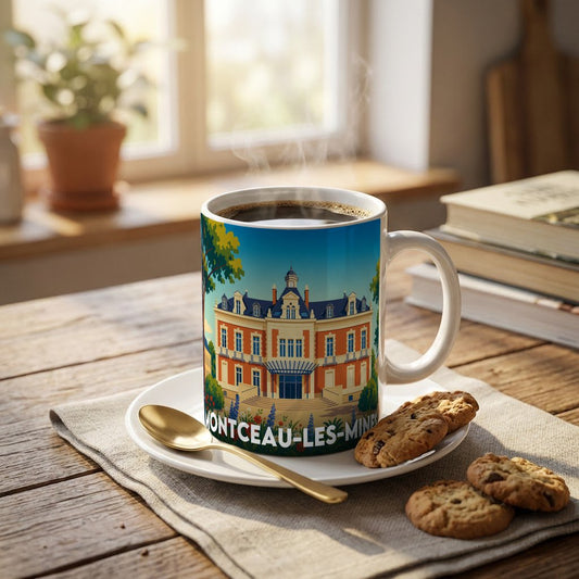 Mug souvenir de la ville de Montceau-les-Mines avec une illustration stylisée d'un bâtiment historique.