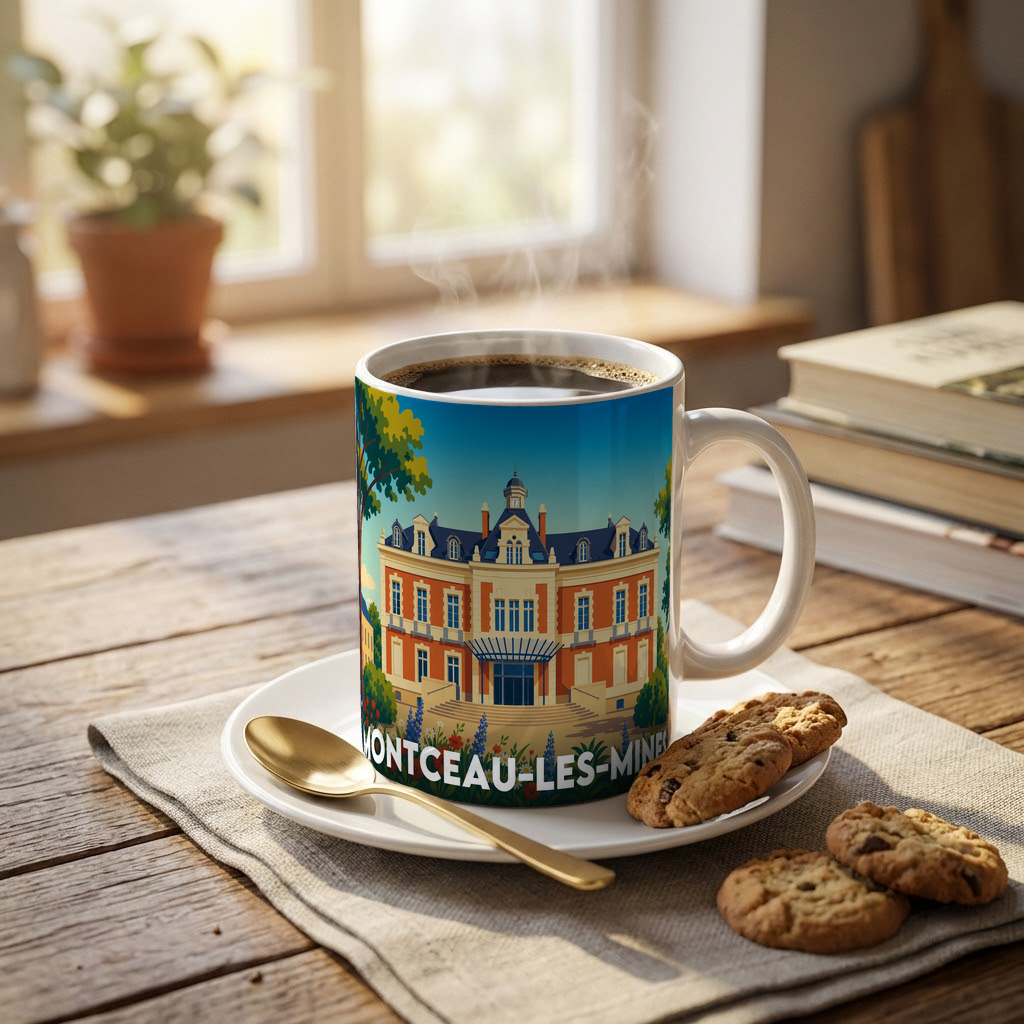 Mug souvenir de la ville de Montceau-les-Mines avec une illustration stylisée d'un bâtiment historique.