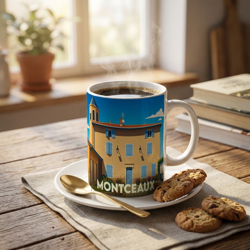 Mug souvenir de la ville de Montceaux avec une illustration stylisée d'un bâtiment typique.