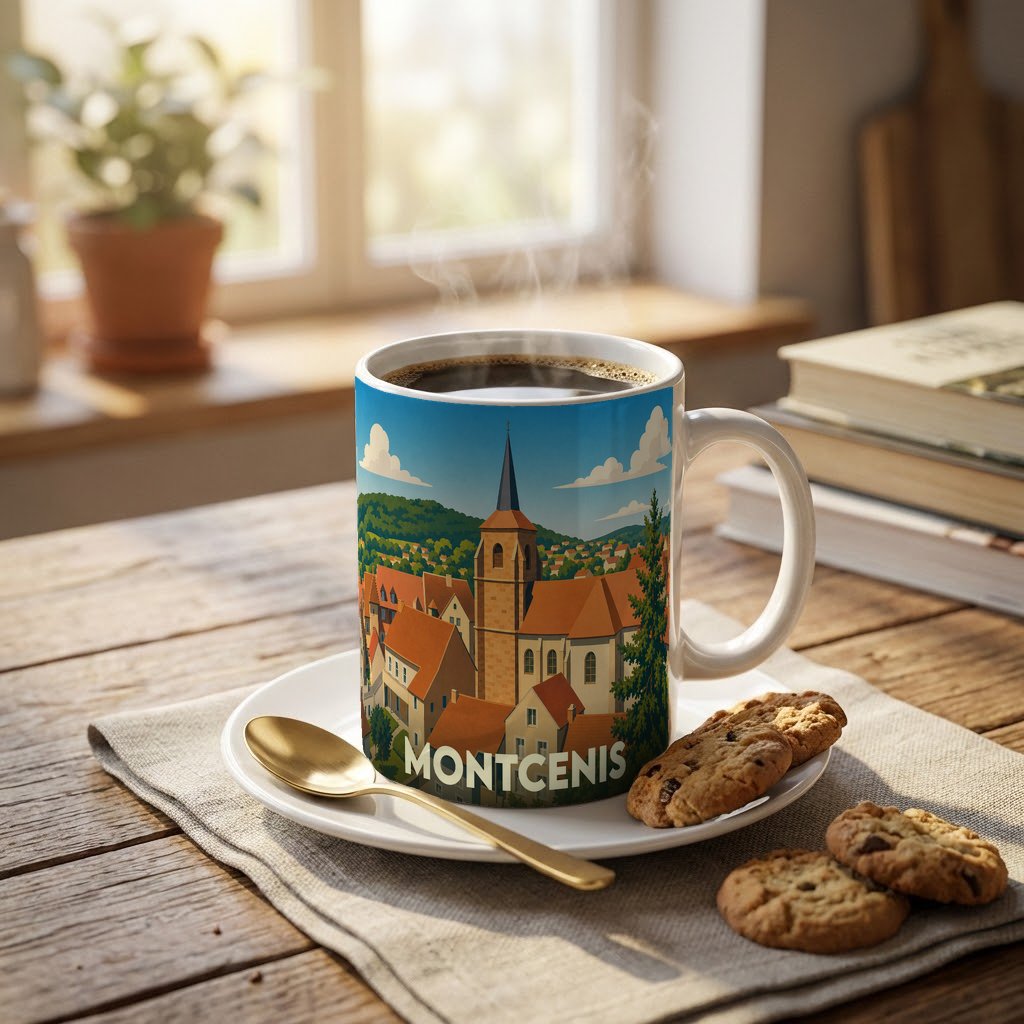 Mug souvenir de la ville de Montcenis avec une illustration stylisée de son église et de ses toits.