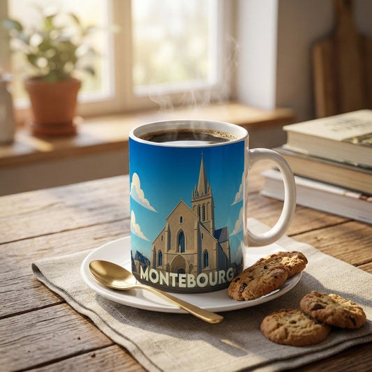 Mug souvenir de la ville de Montebourg avec une illustration stylisée de son église sous un ciel bleu.
