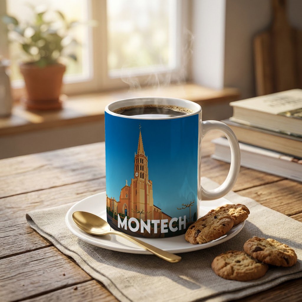 Mug souvenir de la ville de Montech avec une illustration stylisée de son église sous un ciel bleu.