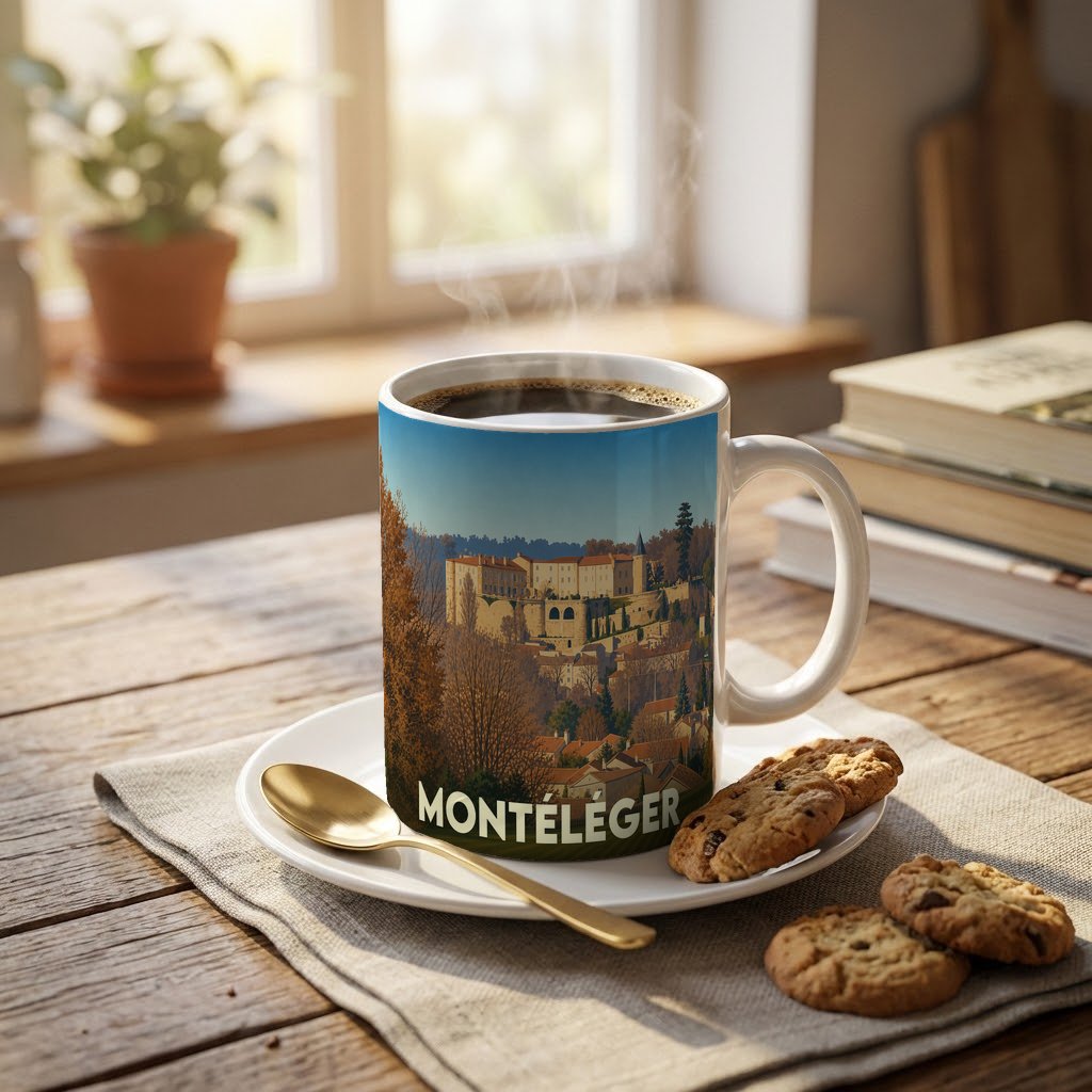 Mug souvenir de la ville de Montéléger avec une illustration stylisée d'un paysage urbain historique.