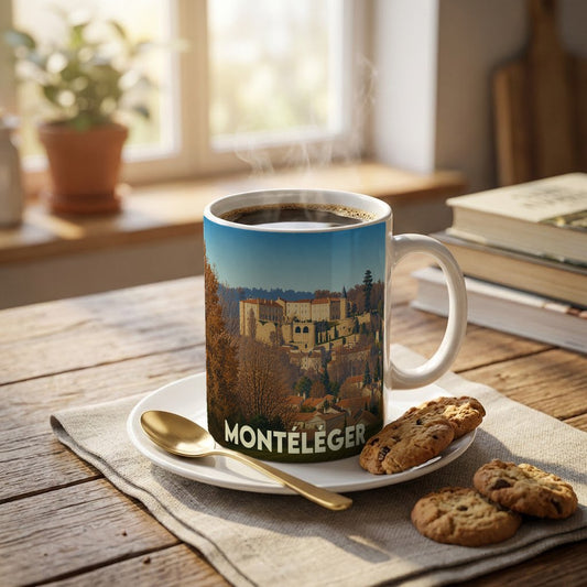 Mug souvenir de la ville de Montéléger avec une illustration stylisée d'un paysage urbain historique.