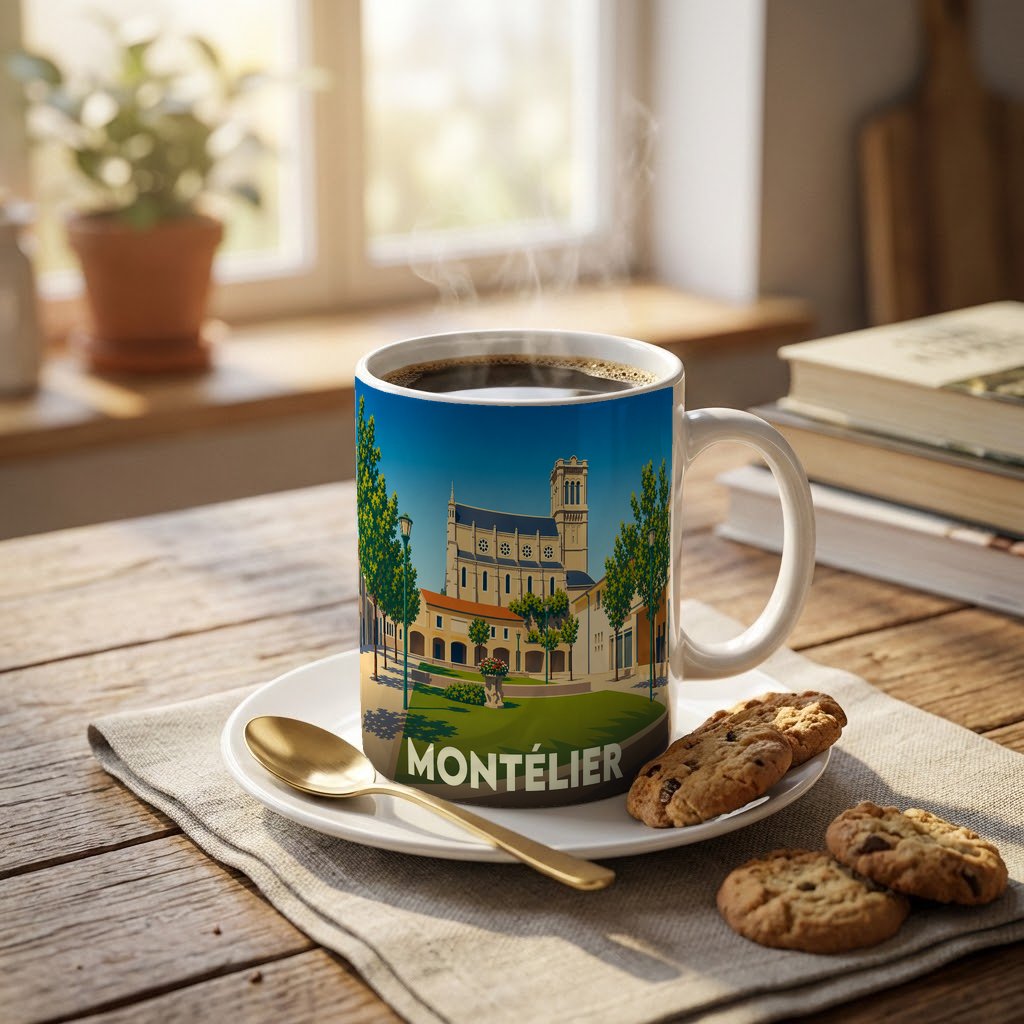 Mug souvenir de la ville de Montélier avec une illustration stylisée d'une église et d'une place ensoleillée.