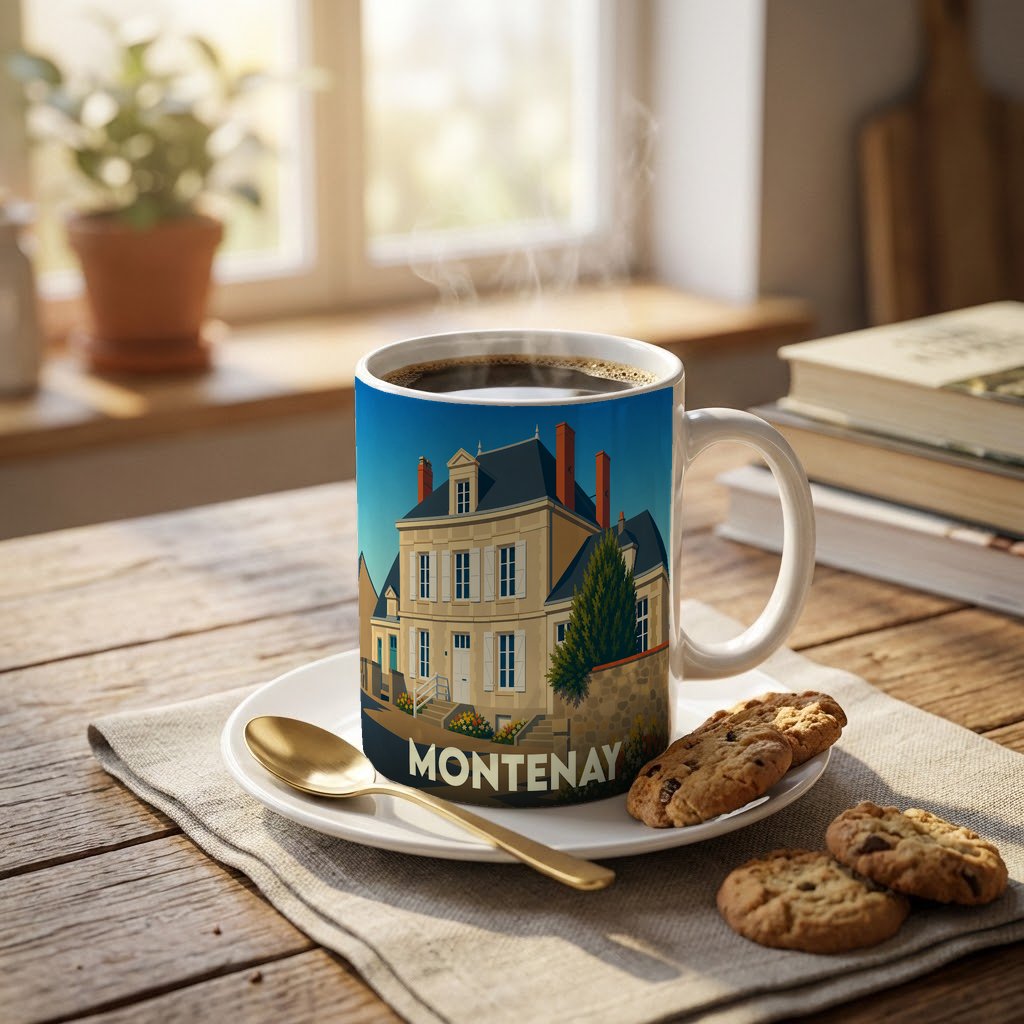 Mug souvenir de la ville de Montenay orné d'une illustration stylisée d'une demeure traditionnelle.