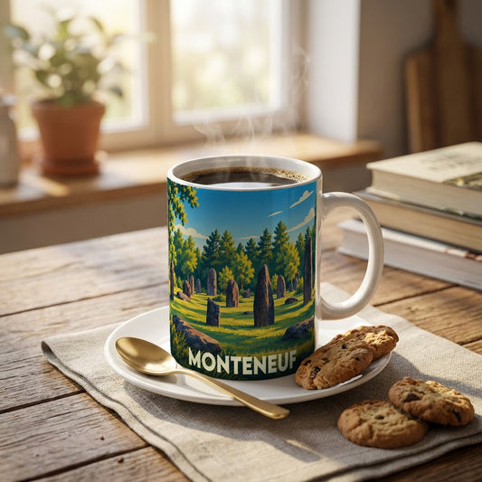 Mug souvenir de la ville de Monteneuf avec une illustration stylisée de ses célèbres menhirs.