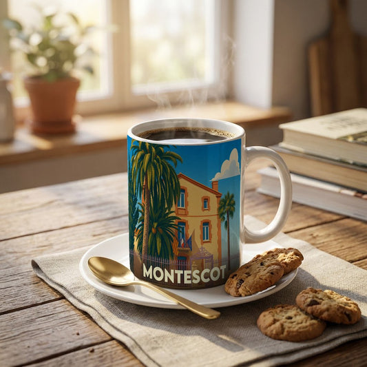 Mug souvenir de la ville de Montescot orné d'une illustration stylisée d'une bâtisse et de palmiers.