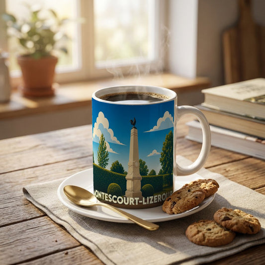 Mug souvenir de la ville de Montescourt-Lizerolles avec une illustration stylisée de son monument.