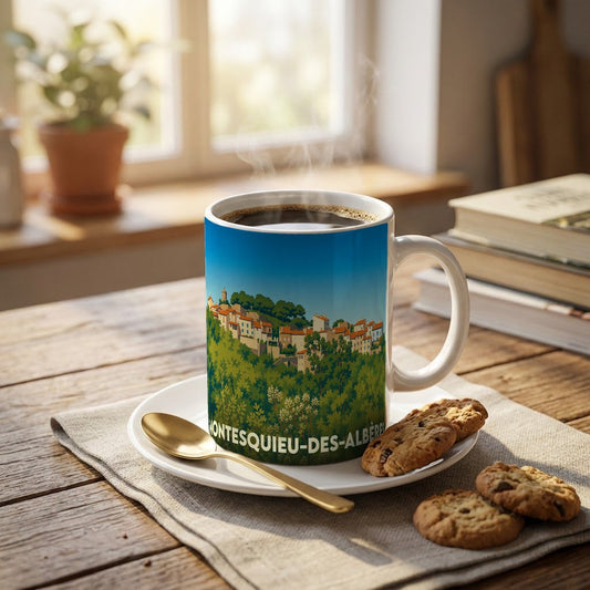 Mug souvenir de la ville de Montesquieu-des-Albères avec une illustration stylisée de son village niché dans la verdure.
