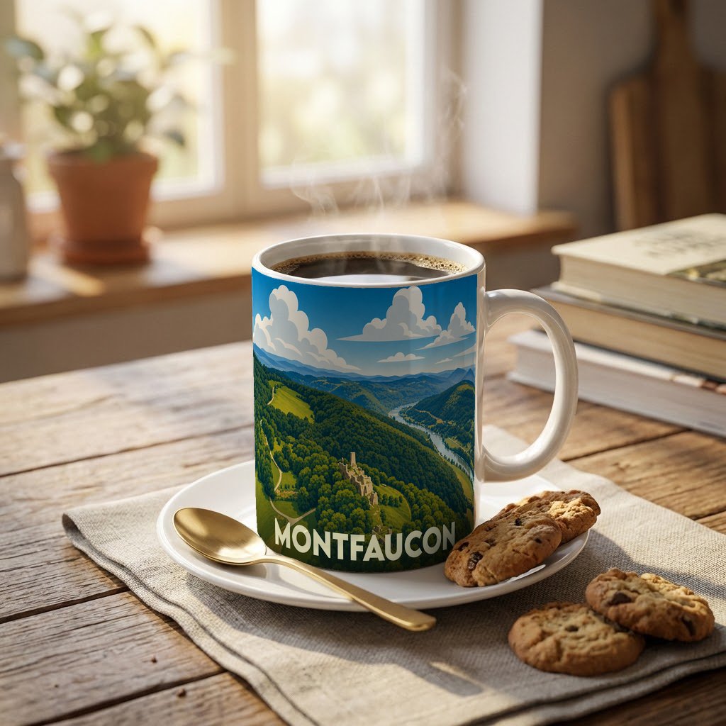 Mug souvenir de la ville de Montfaucon avec une illustration stylisée de paysages verdoyants.