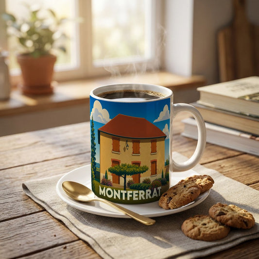 Mug souvenir de la ville de Montferrat illustré par une maison provençale stylisée.