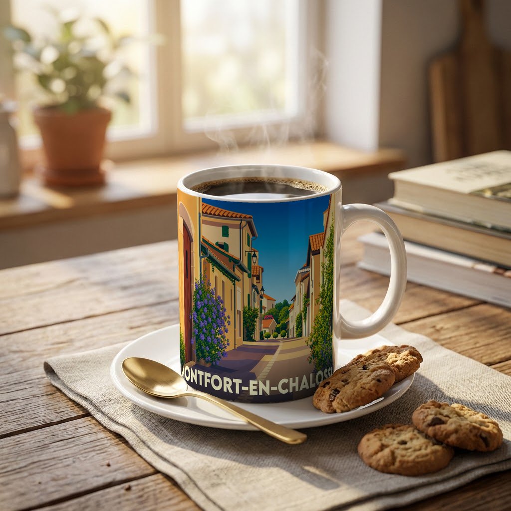 Mug souvenir de la ville de Montfort-en-Chalosse avec une illustration stylisée d'une ruelle ensoleillée.