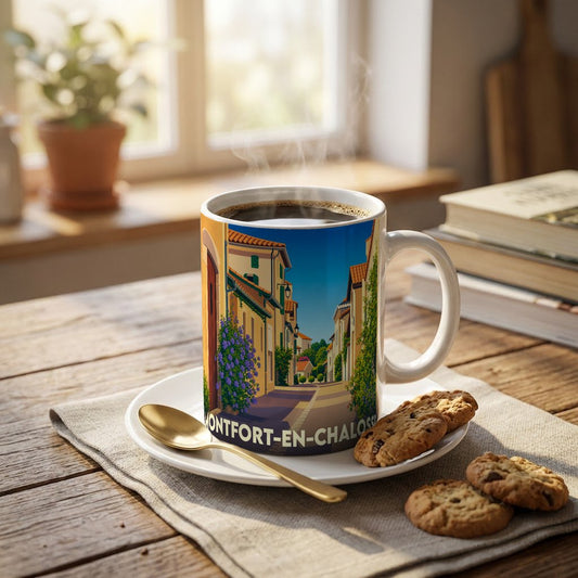 Mug souvenir de la ville de Montfort-en-Chalosse avec une illustration stylisée d'une ruelle ensoleillée.