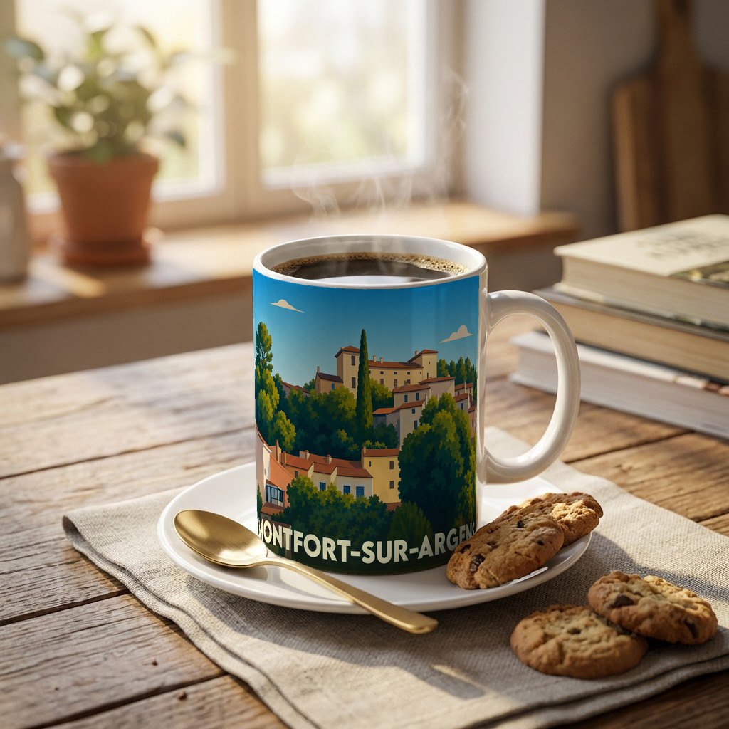 Mug souvenir de la ville de Montfort-sur-Argens avec une illustration stylisée.