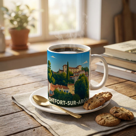 Mug souvenir de la ville de Montfort-sur-Argens avec une illustration stylisée.