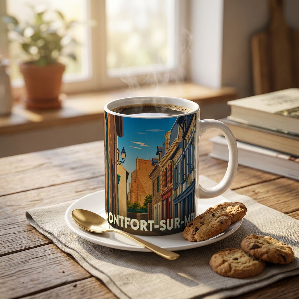 Mug souvenir de la ville de Montfort-sur-Meu orné d'une illustration stylisée de ses rues historiques.