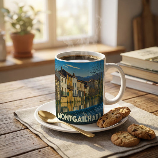 Mug souvenir de la ville de Montgailhard avec une illustration stylisée de maisons au bord de l'eau.