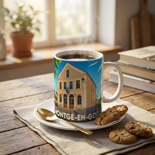 Mug souvenir de la ville de Montgé-en-Goële avec une illustration stylisée de sa mairie.
