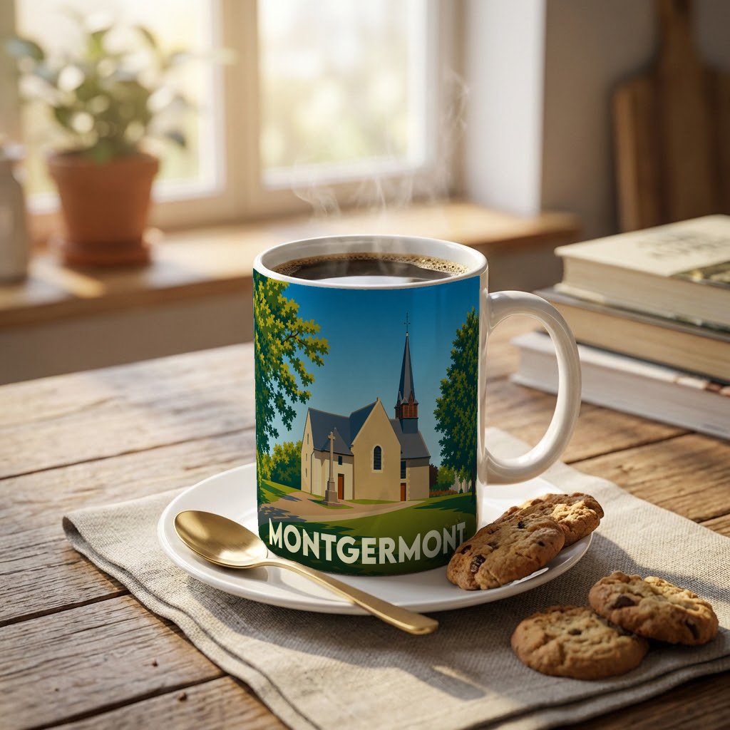 Mug souvenir de la ville de Montgermont orné d'une illustration stylisée de son église.