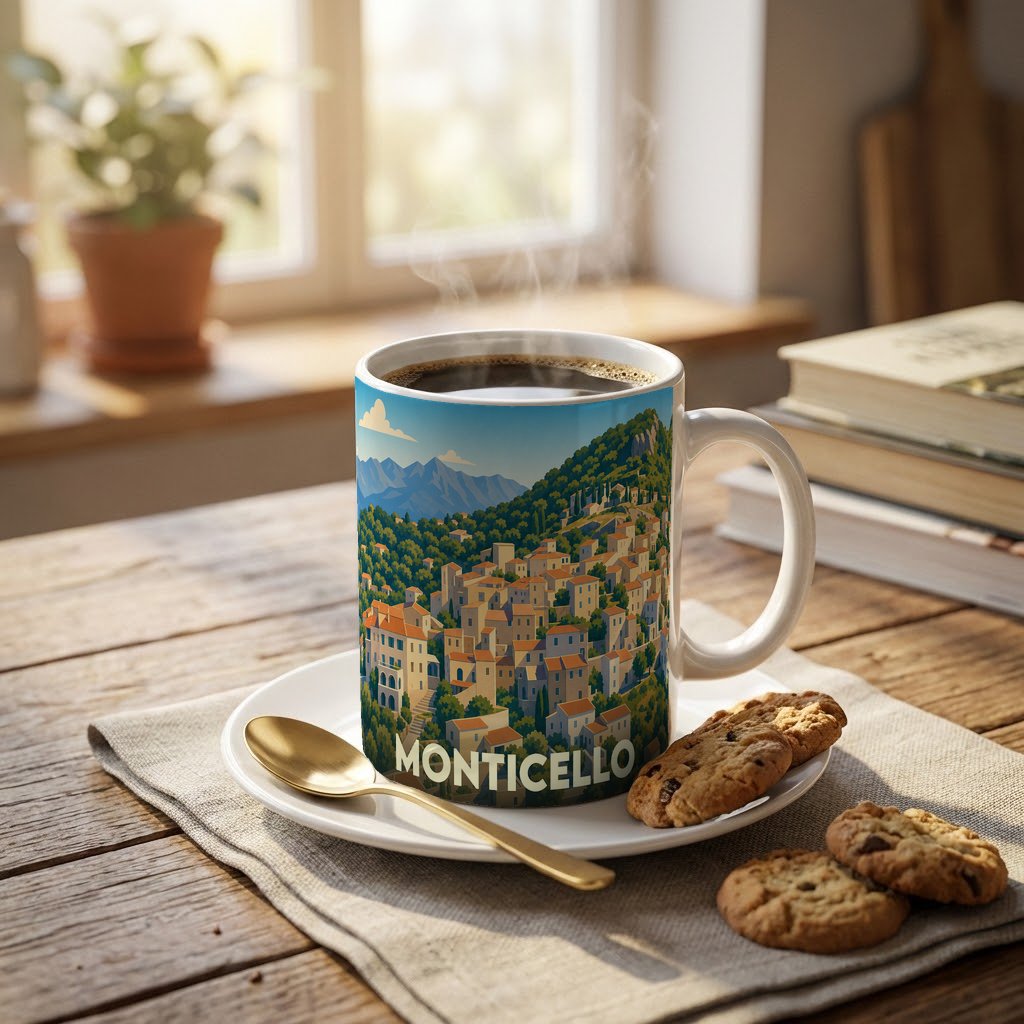 Mug souvenir de la ville de Monticello avec une illustration stylisée d'un village corse en bord de mer.