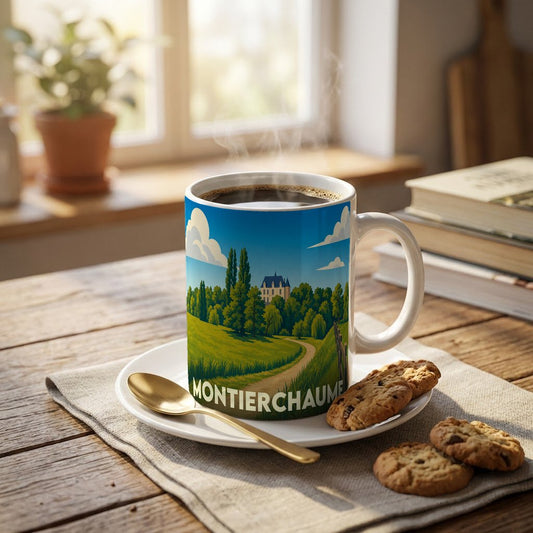Mug souvenir de la ville de Montierchaume illustré d'un paysage champêtre stylisé.