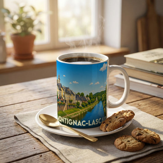 Mug souvenir de la ville de Montignac-Lascaux avec une illustration stylisée d'un paysage fluvial.