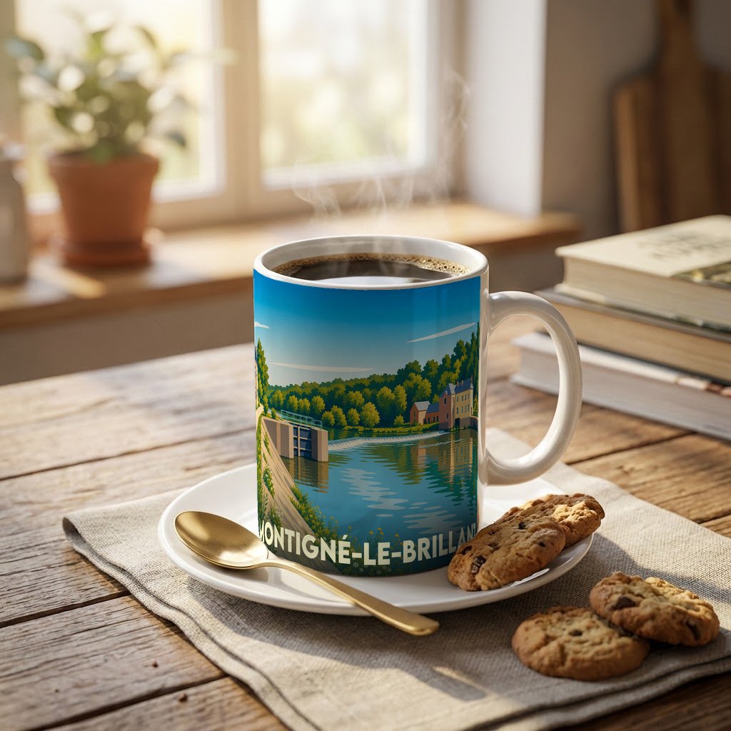 Mug souvenir de la ville de Montigné-le-Brillant avec une illustration stylisée d'un paysage fluvial.