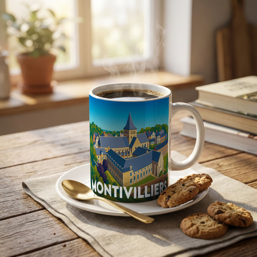 Mug souvenir de la ville de Montivilliers avec une illustration stylisée.