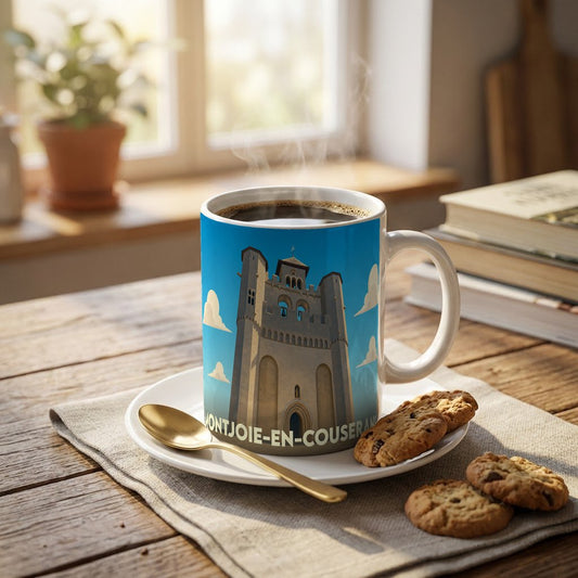 Mug souvenir de la ville de Montjoie-en-Couserans avec une illustration stylisée de son église fortifiée.