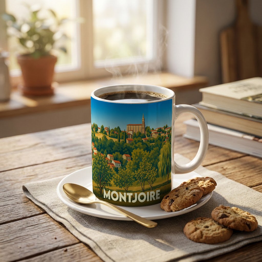 Mug souvenir de la ville de Montjoire avec une illustration stylisée de son paysage vallonné.
