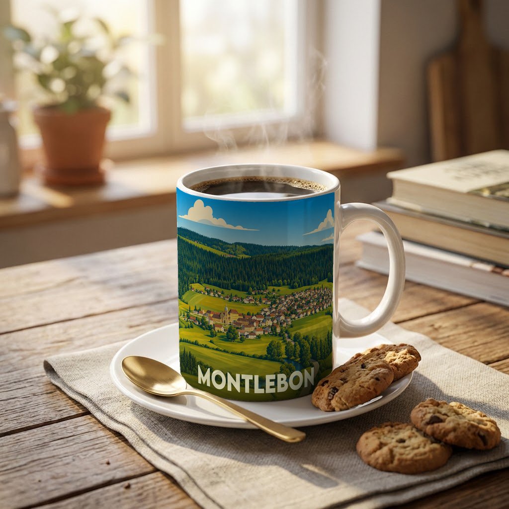 Mug souvenir de la ville de Montlebon illustré d'un paysage verdoyant stylisé.