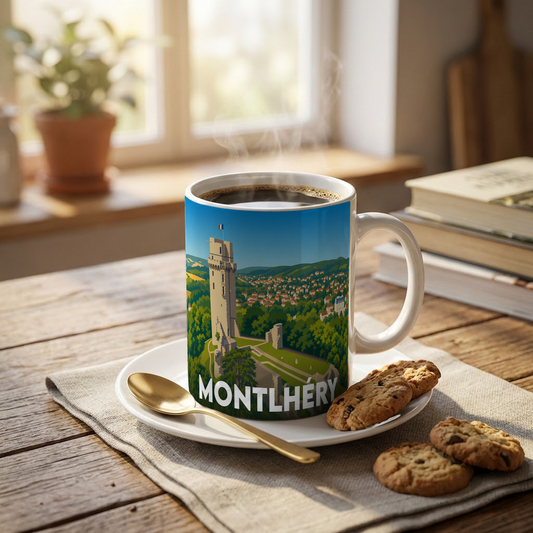 Mug souvenir de la ville de Montlhéry avec une illustration stylisée de sa tour médiévale.