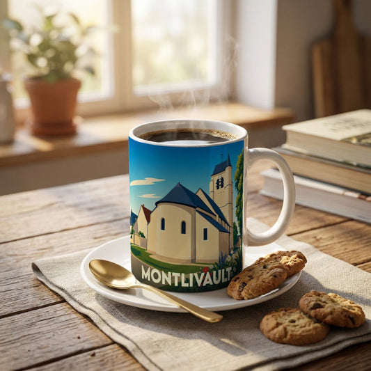Mug souvenir de la ville de Montlivault illustré d'un dessin stylisé de son église.