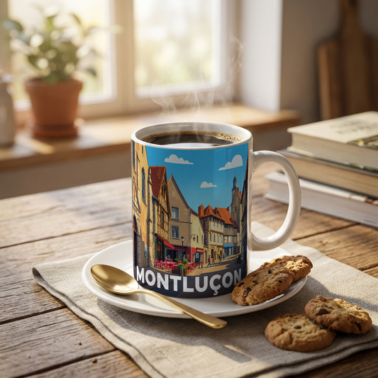 Mug souvenir de la ville de Montluçon avec une illustration stylisée de ses rues historiques.
