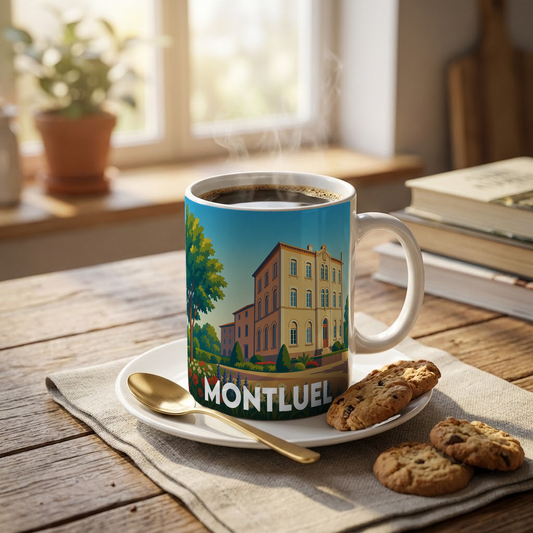 Mug souvenir de la ville de Montluel avec une illustration stylisée d'un bâtiment historique.