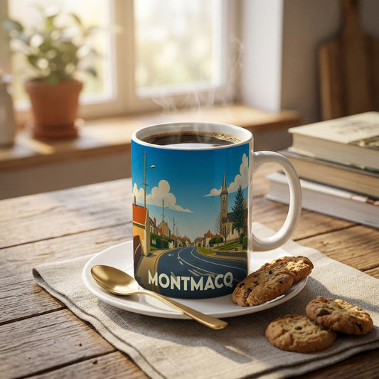 Mug souvenir de la ville de Montmacq orné d'une illustration stylisée d'un paysage urbain.