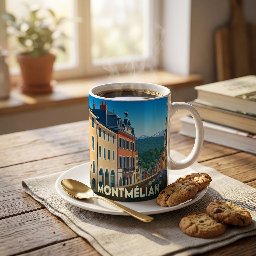 Mug souvenir de la ville de Montmélian orné d'une illustration stylisée de ses façades colorées et montagnes.