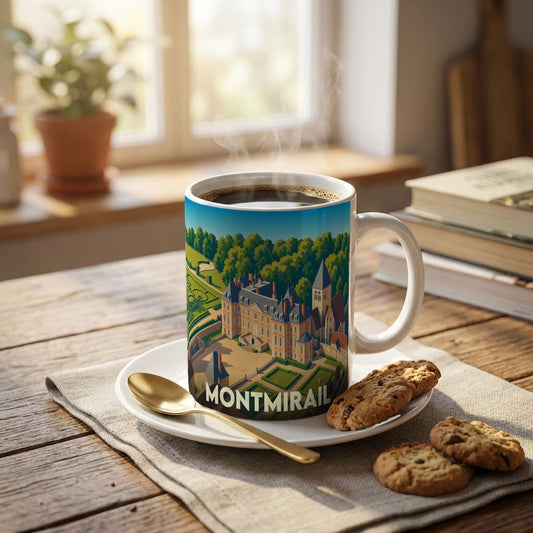 Mug souvenir de la ville de Montmirail avec une illustration stylisée d'un château et de ses jardins.