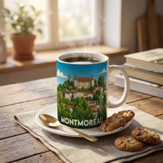 Mug souvenir de la ville de Montmoreau orné d'une illustration stylisée du château et du village.