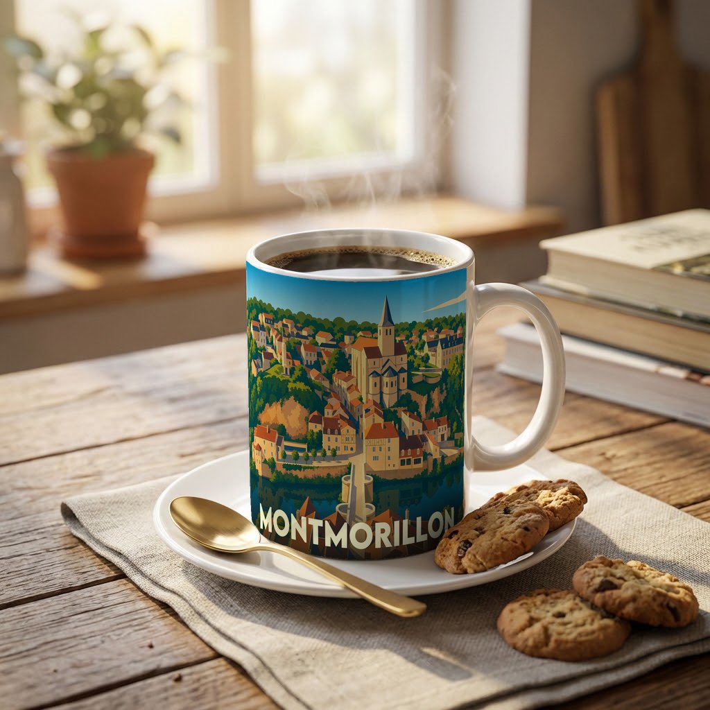 Mug souvenir de la ville de Montmorillon avec une illustration stylisée et colorée.