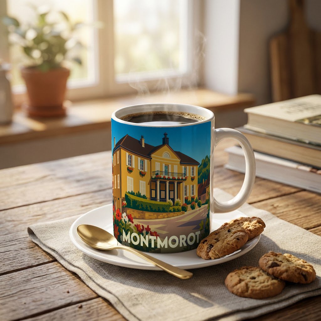 Mug souvenir de la ville de Montmorot avec une illustration stylisée d'un bâtiment historique.