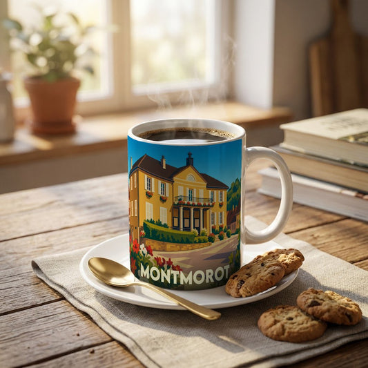 Mug souvenir de la ville de Montmorot avec une illustration stylisée d'un bâtiment historique.