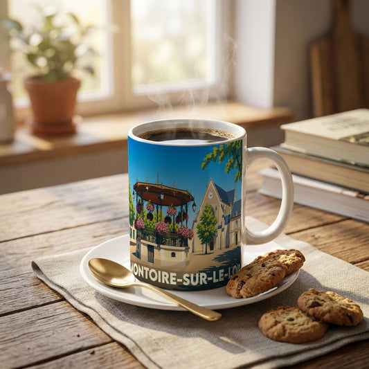 Mug souvenir de la ville de Montoire-sur-le-Loir avec une illustration stylisée de son kiosque et de son église.
