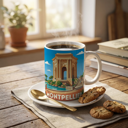 Mug souvenir de la ville de Montpellier avec une illustration stylisée.